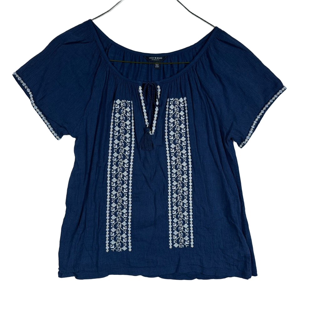 Lucky Brand Women’s Navy V Cut Flowy Embroidered Top with Tassel ties Size M